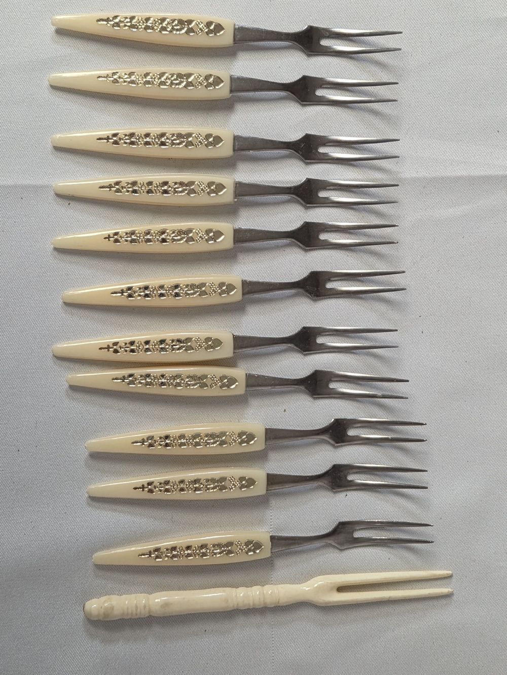 Set of 11 Vintage Bakelite Ivory Handled Appetizer Forks